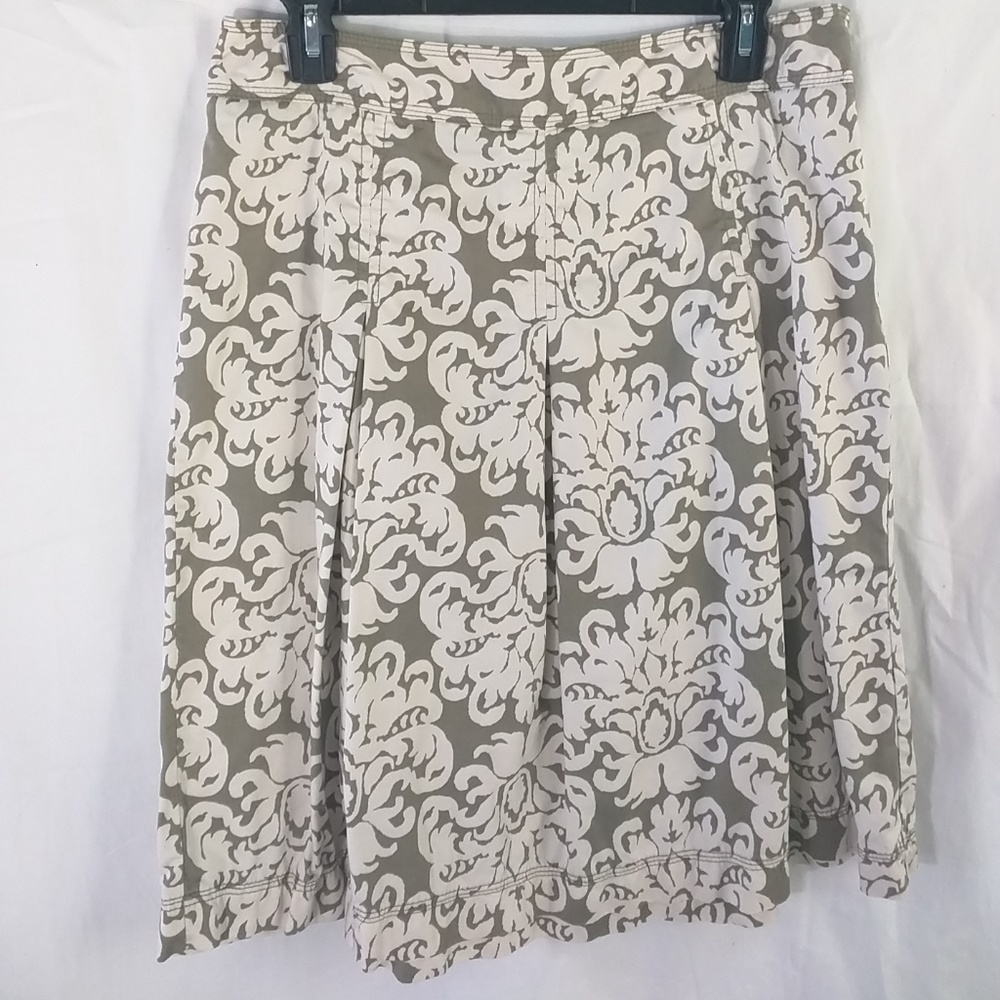 Pleated Modest A-line Skirt Taupe Background Cream Ornate Damask Pattern
